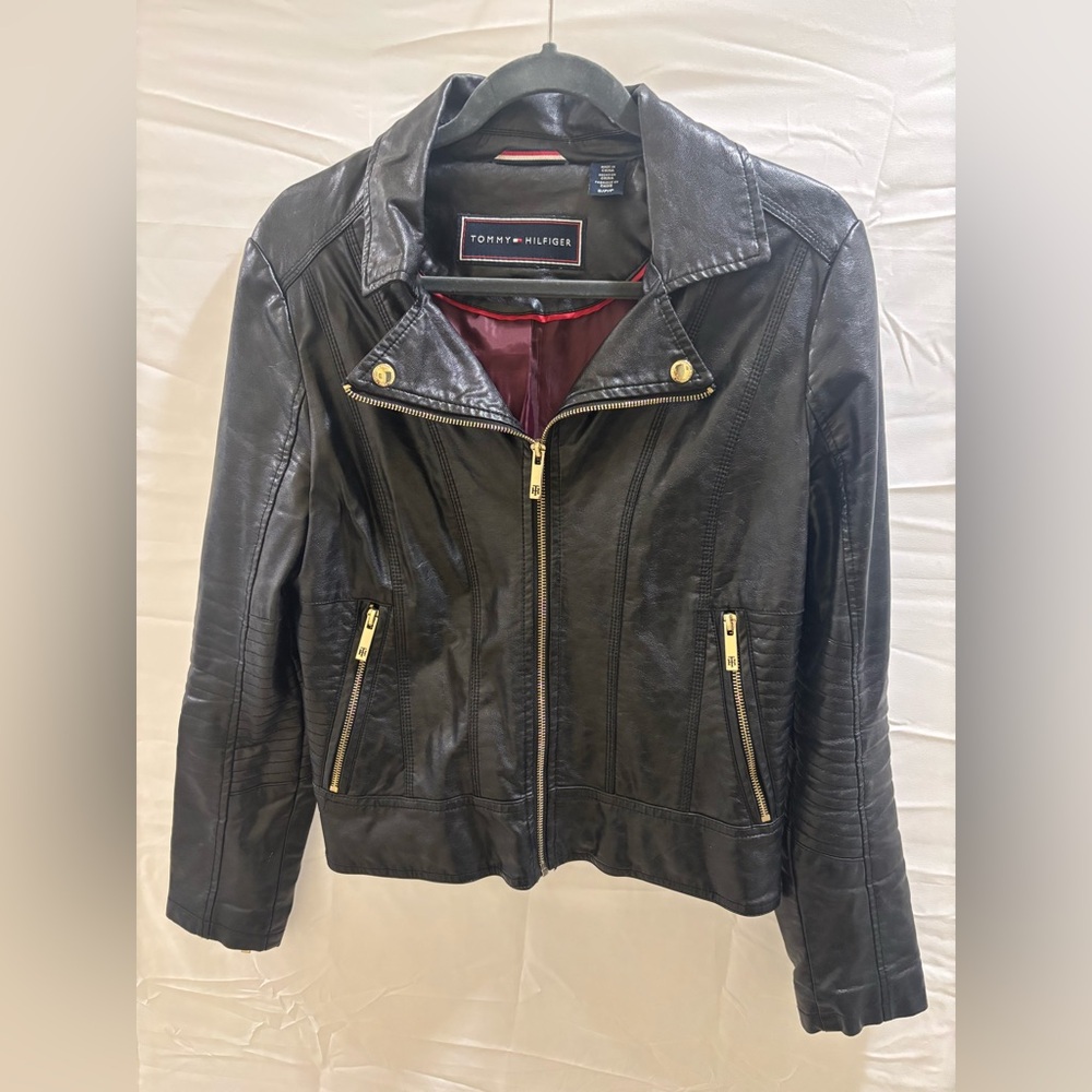 Tommy Hilfiger Women's Black Leather Jacket with Gold Accents